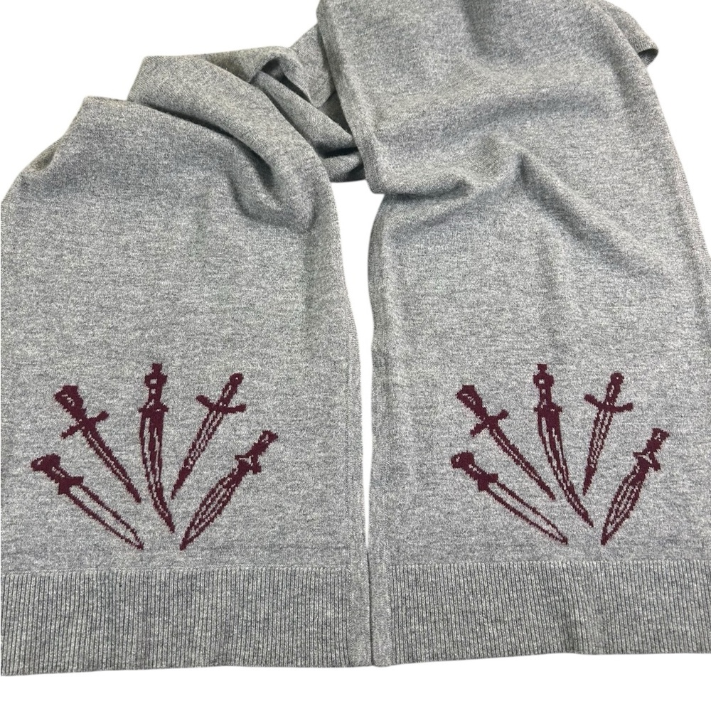 RAG‎ & BONE Gray Burgundy Wool Knit Scarf Dagger Motif Unisex 77”
